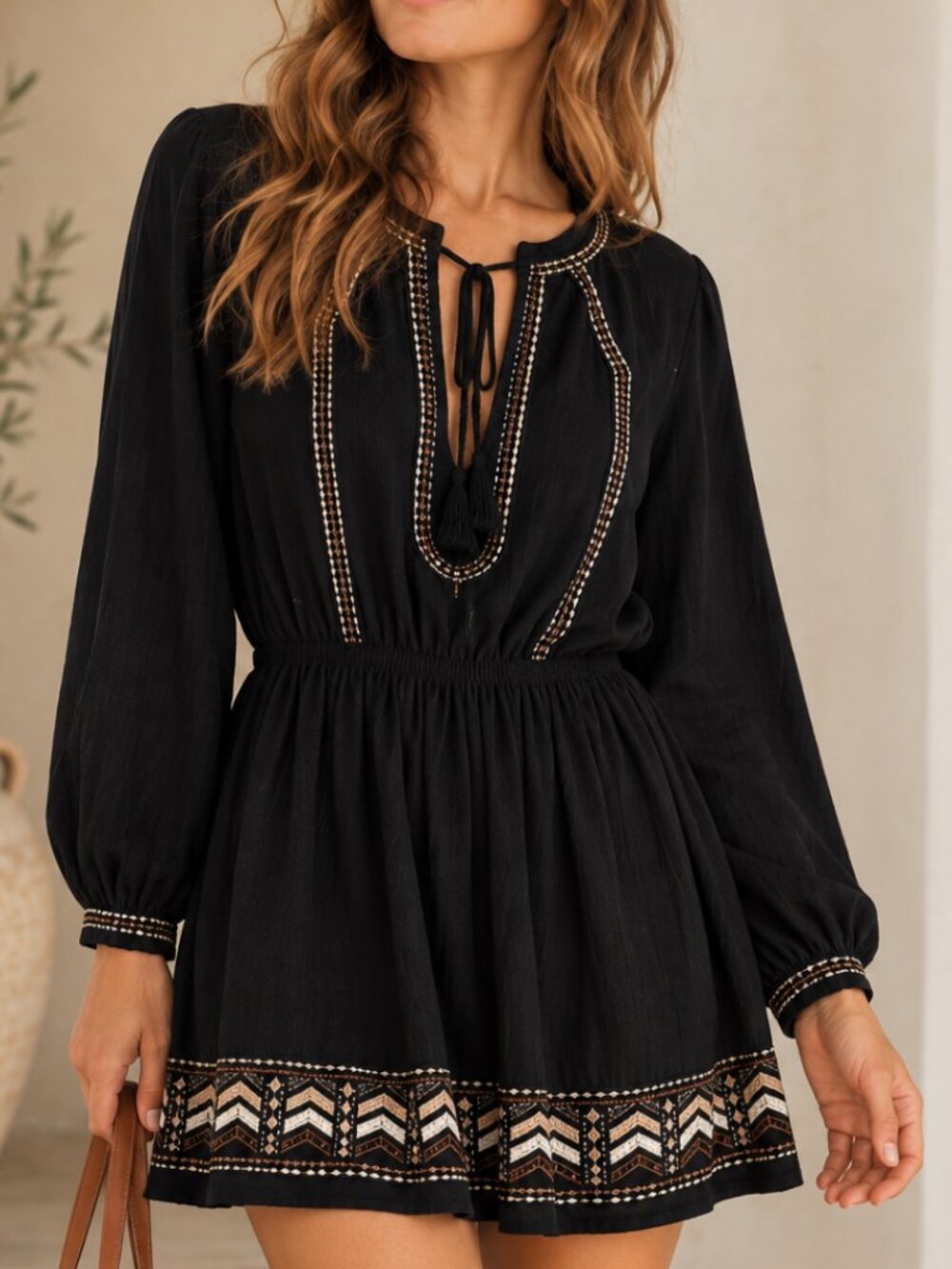 cleobella black embroidered tie neck boho mini dress size m